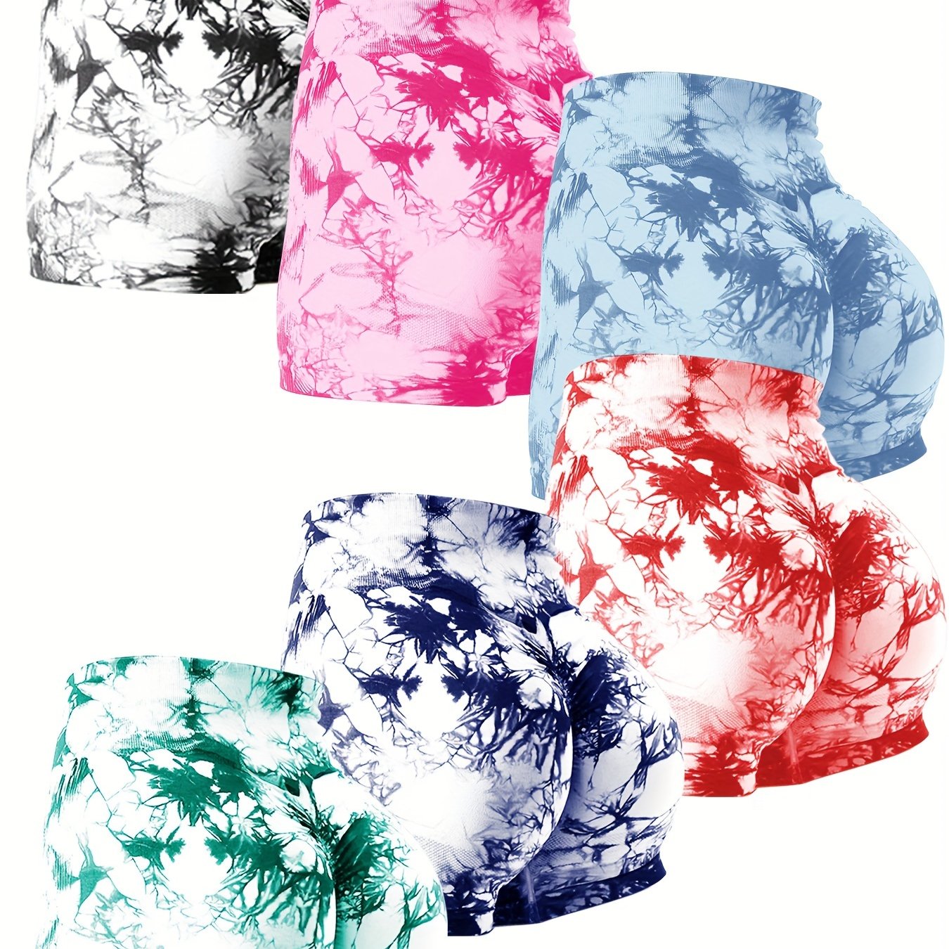 6pcs Vibrant Tie-Dye Women's High-Waist Yoga Shorts - Scrunch Butt Lifting, Seamless Booty Biker Shorts for Gym & Workout, Stretchy Nylon Activewear in Assorted Colors, Workout Accessories - Image 14