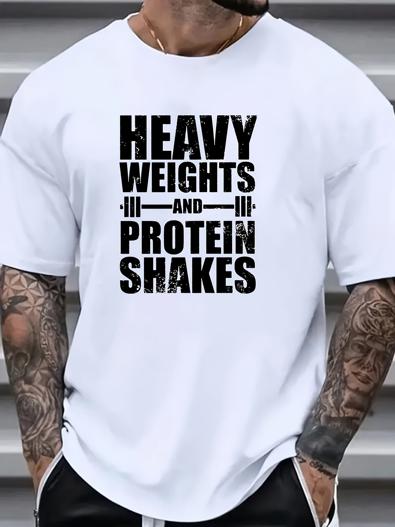 Men's Heavy Weights & Protein Shakes Gym T-Shirt - Plus Size Retro Bodybuilding Tee, Machine Washable Workout Shirt for Weightlifting & Casual Streetwear - Black with White Text Design, Fitness Apparel, Vintage Fitness Style, Highquality Print, Slogan Top - Image 5