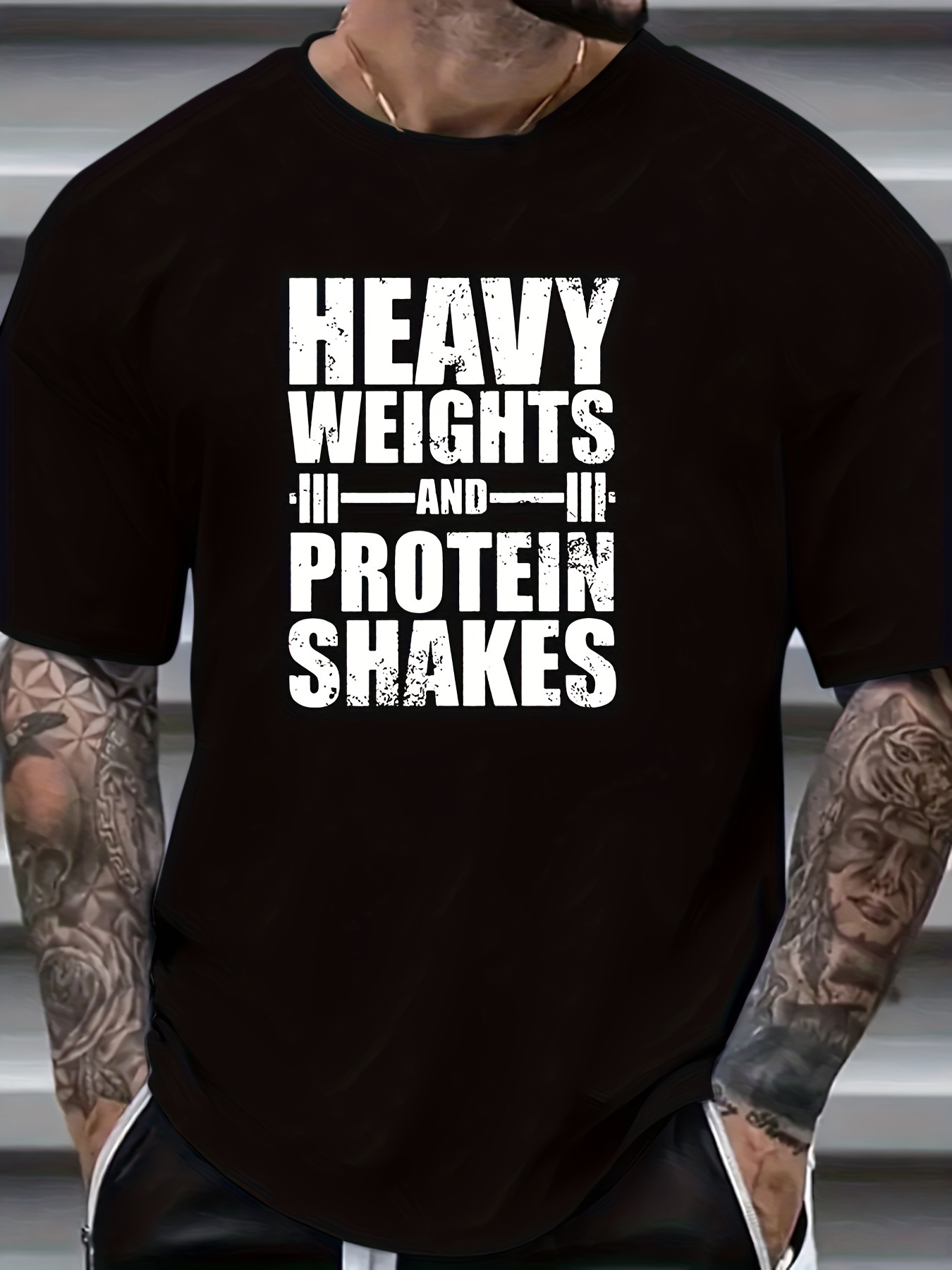 Men's Heavy Weights & Protein Shakes Gym T-Shirt - Plus Size Retro Bodybuilding Tee, Machine Washable Workout Shirt for Weightlifting & Casual Streetwear - Black with White Text Design, Fitness Apparel, Vintage Fitness Style, Highquality Print, Slogan Top - Image 2