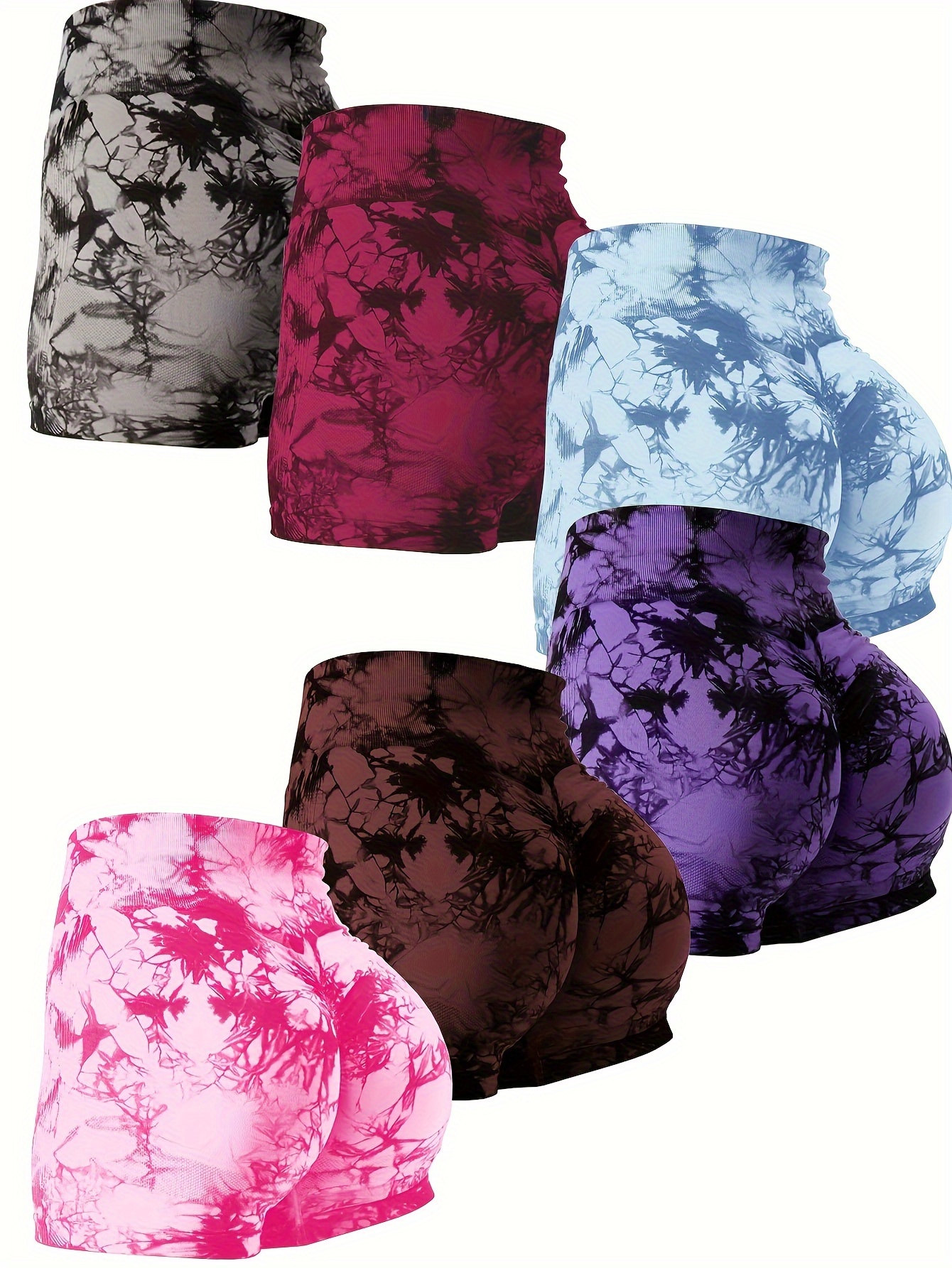 6pcs Vibrant Tie-Dye Women's High-Waist Yoga Shorts - Scrunch Butt Lifting, Seamless Booty Biker Shorts for Gym & Workout, Stretchy Nylon Activewear in Assorted Colors, Workout Accessories - Image 4