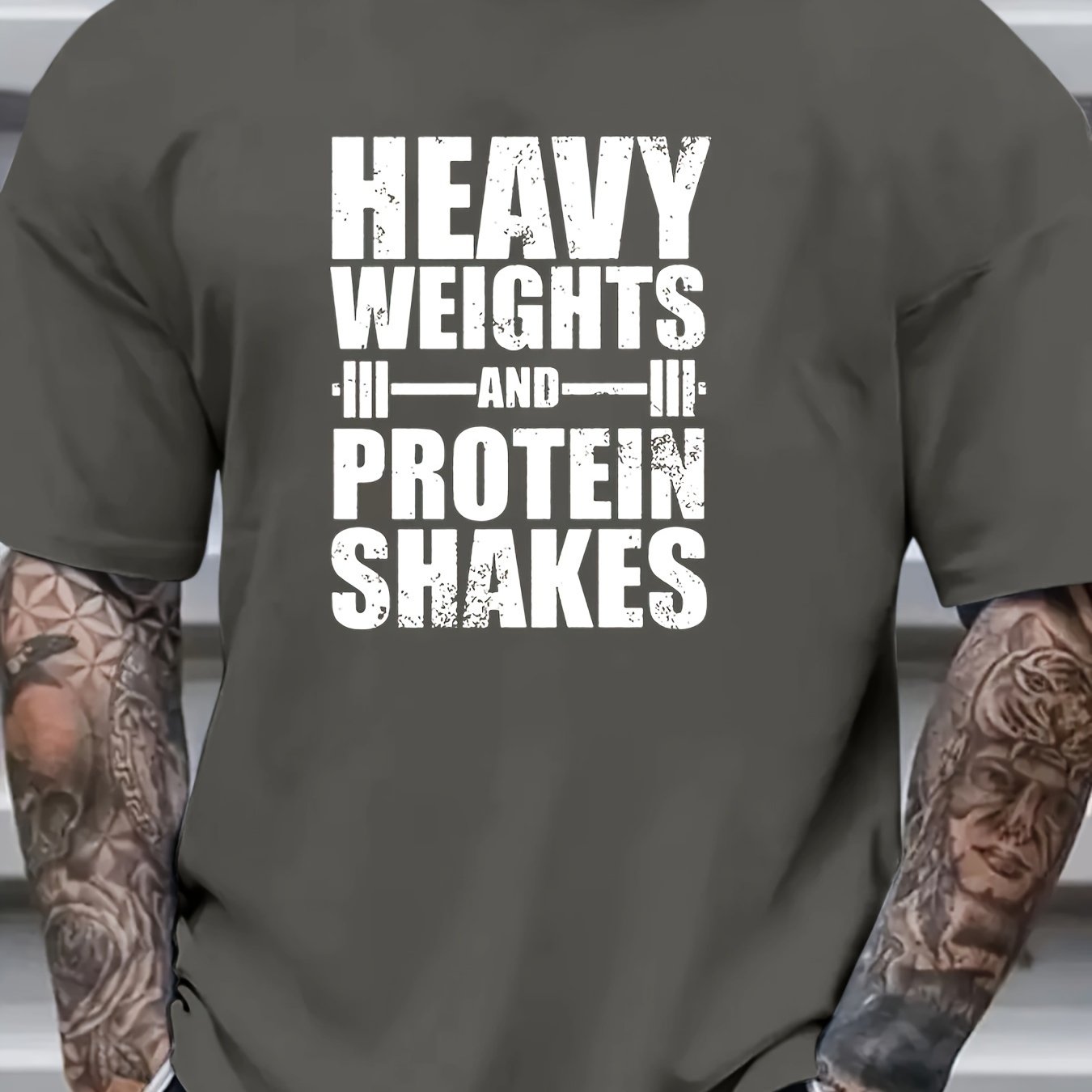 Men's Heavy Weights & Protein Shakes Gym T-Shirt - Plus Size Retro Bodybuilding Tee, Machine Washable Workout Shirt for Weightlifting & Casual Streetwear - Black with White Text Design, Fitness Apparel, Vintage Fitness Style, Highquality Print, Slogan Top - Image 12