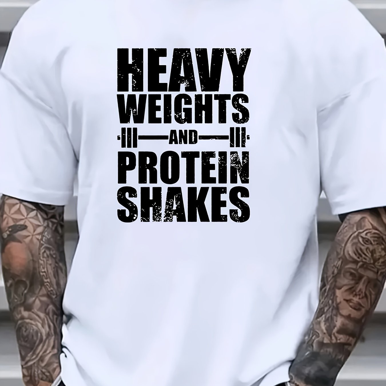 Men's Heavy Weights & Protein Shakes Gym T-Shirt - Plus Size Retro Bodybuilding Tee, Machine Washable Workout Shirt for Weightlifting & Casual Streetwear - Black with White Text Design, Fitness Apparel, Vintage Fitness Style, Highquality Print, Slogan Top - Image 11