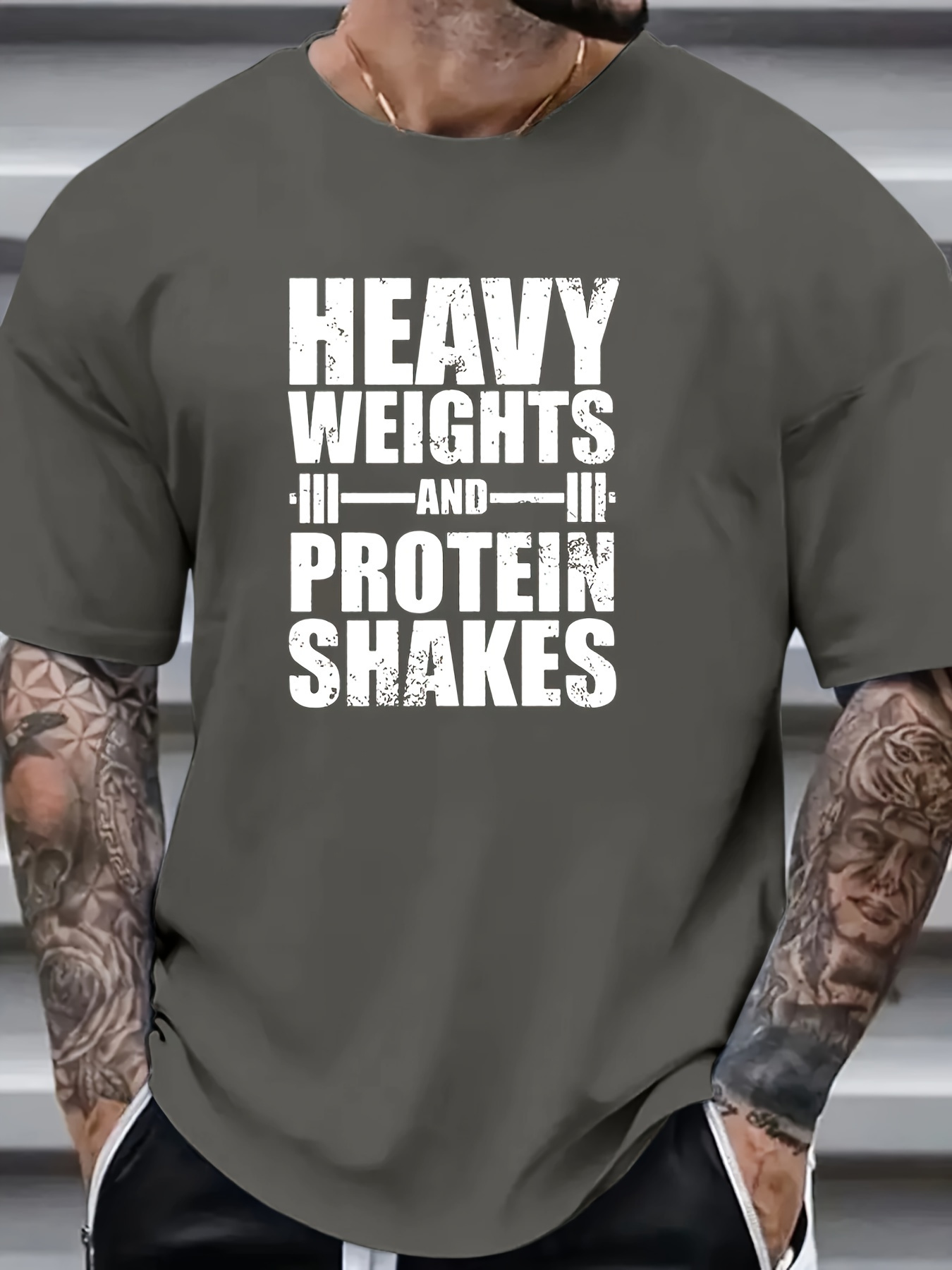 Men's Heavy Weights & Protein Shakes Gym T-Shirt - Plus Size Retro Bodybuilding Tee, Machine Washable Workout Shirt for Weightlifting & Casual Streetwear - Black with White Text Design, Fitness Apparel, Vintage Fitness Style, Highquality Print, Slogan Top - Image 4