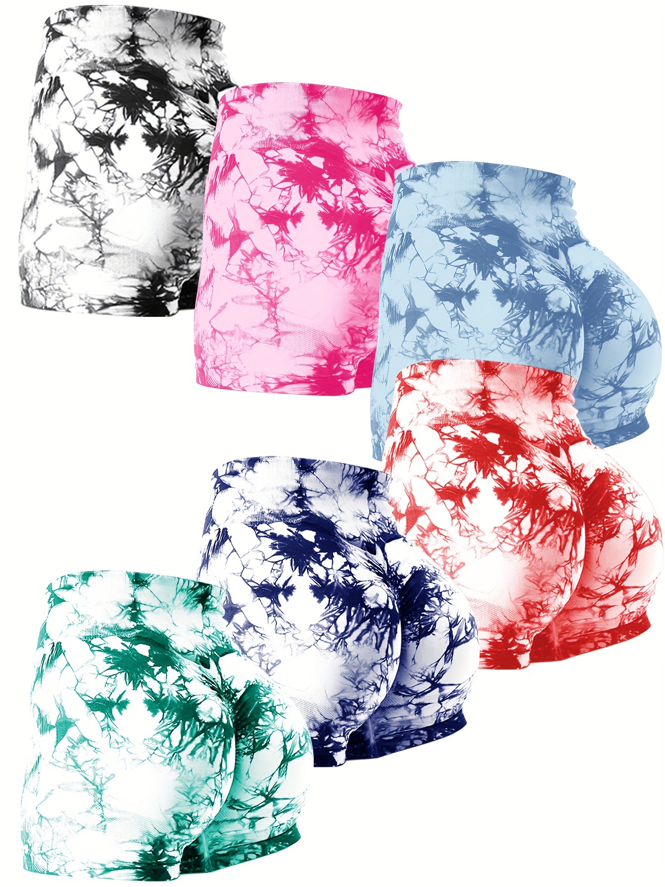 6pcs Vibrant Tie-Dye Women's High-Waist Yoga Shorts - Scrunch Butt Lifting, Seamless Booty Biker Shorts for Gym & Workout, Stretchy Nylon Activewear in Assorted Colors, Workout Accessories - Image 3