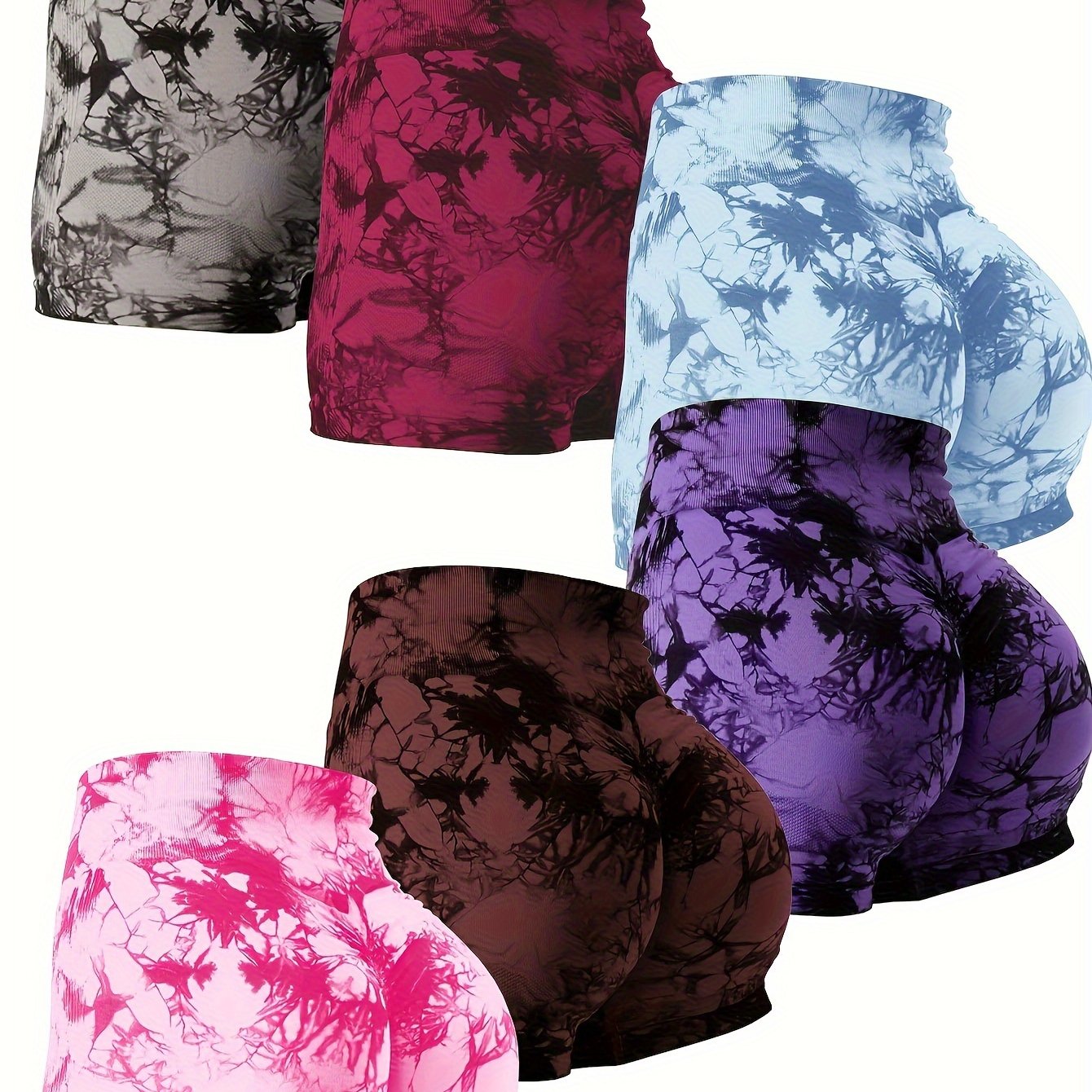6pcs Vibrant Tie-Dye Women's High-Waist Yoga Shorts - Scrunch Butt Lifting, Seamless Booty Biker Shorts for Gym & Workout, Stretchy Nylon Activewear in Assorted Colors, Workout Accessories - Image 11