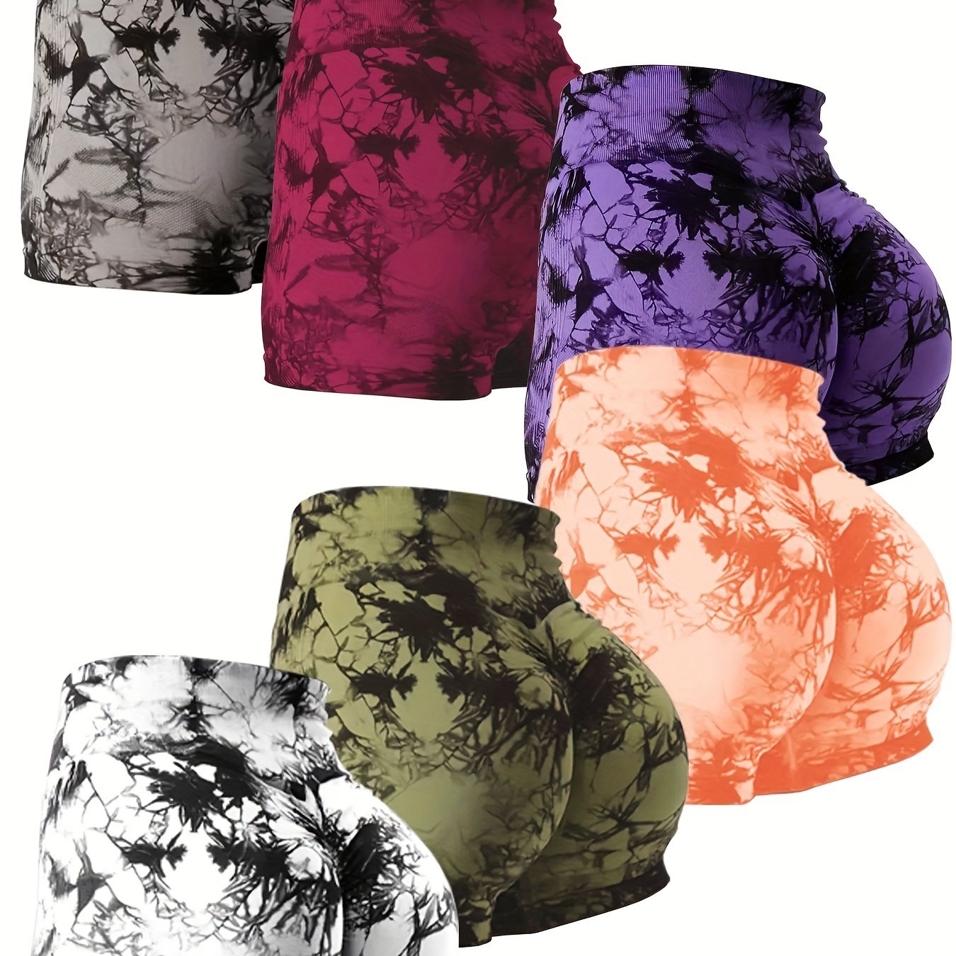 6pcs Vibrant Tie-Dye Women's High-Waist Yoga Shorts - Scrunch Butt Lifting, Seamless Booty Biker Shorts for Gym & Workout, Stretchy Nylon Activewear in Assorted Colors, Workout Accessories - Image 12