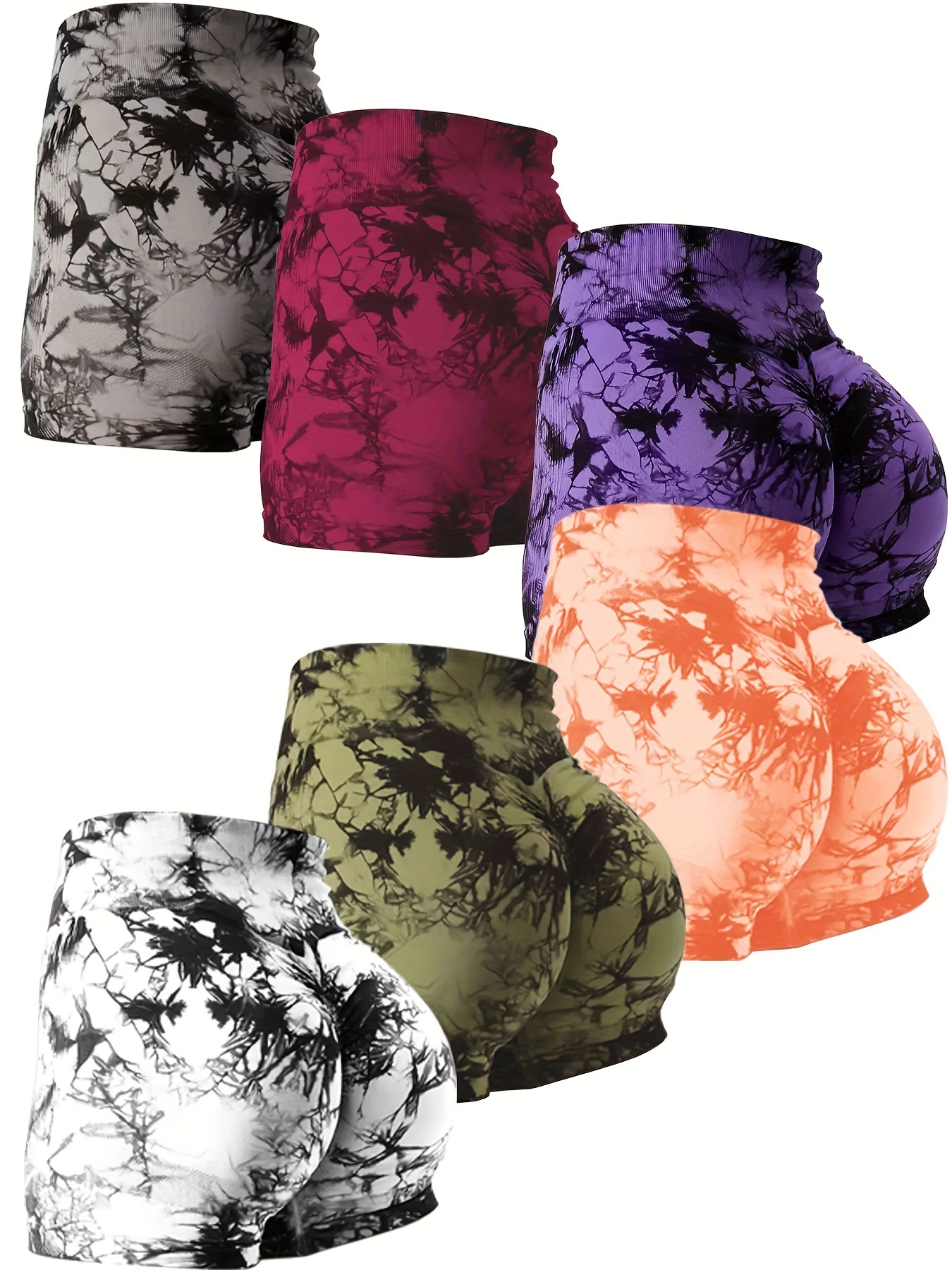 6pcs Vibrant Tie-Dye Women's High-Waist Yoga Shorts - Scrunch Butt Lifting, Seamless Booty Biker Shorts for Gym & Workout, Stretchy Nylon Activewear in Assorted Colors, Workout Accessories - Image 2