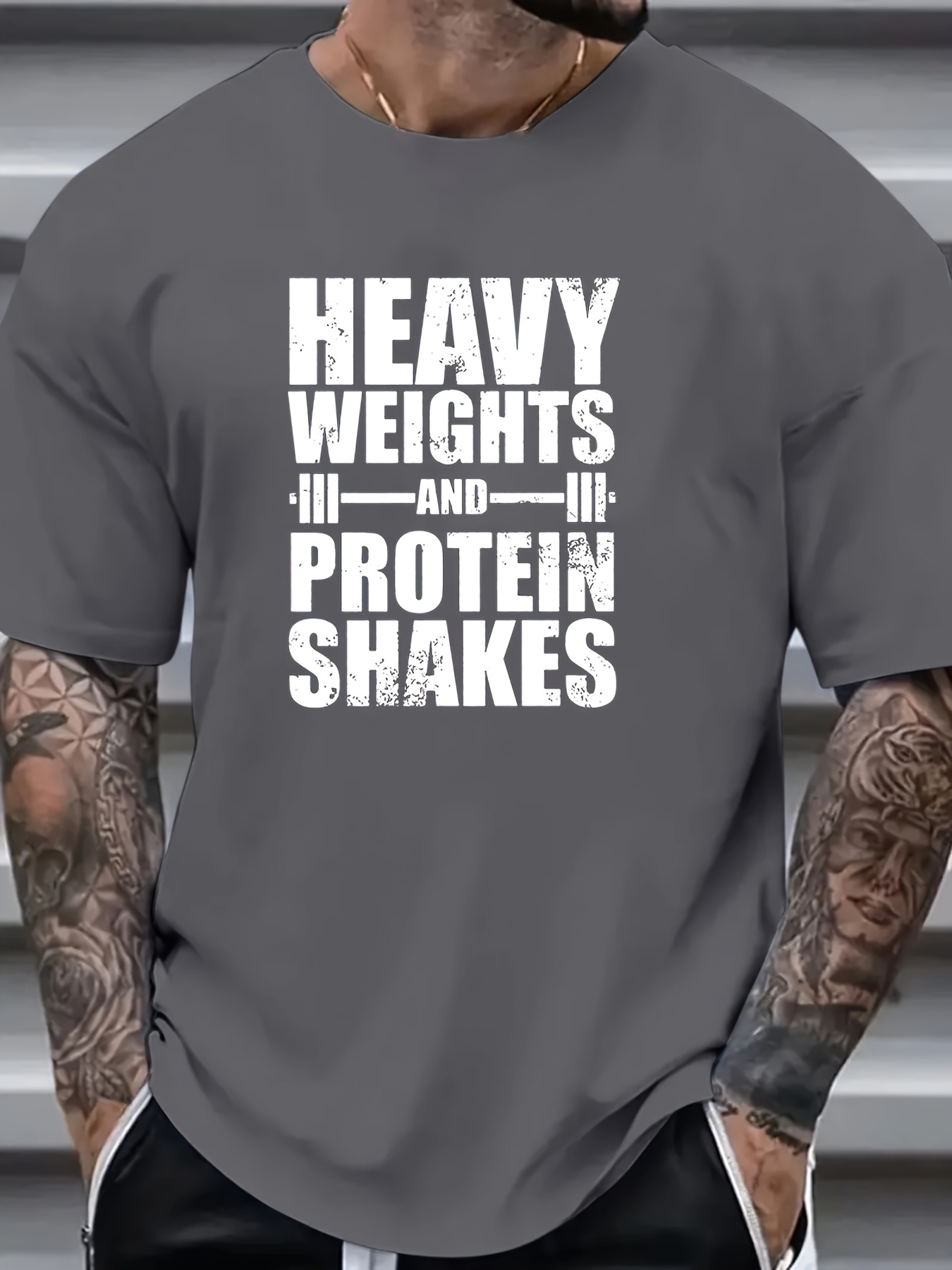 Men's Heavy Weights & Protein Shakes Gym T-Shirt - Plus Size Retro Bodybuilding Tee, Machine Washable Workout Shirt for Weightlifting & Casual Streetwear - Black with White Text Design, Fitness Apparel, Vintage Fitness Style, Highquality Print, Slogan Top - Image 3