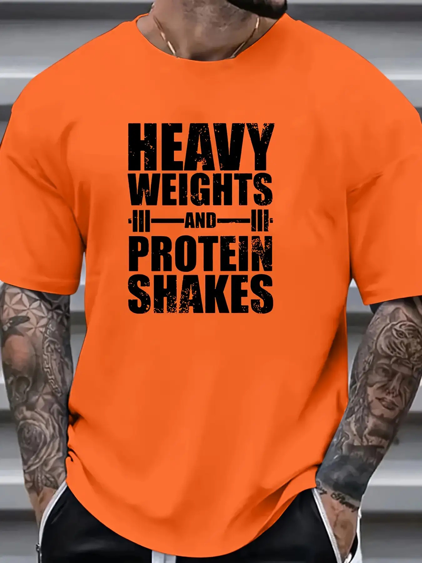 Men's Heavy Weights & Protein Shakes Gym T-Shirt - Plus Size Retro Bodybuilding Tee, Machine Washable Workout Shirt for Weightlifting & Casual Streetwear - Black with White Text Design, Fitness Apparel, Vintage Fitness Style, Highquality Print, Slogan Top