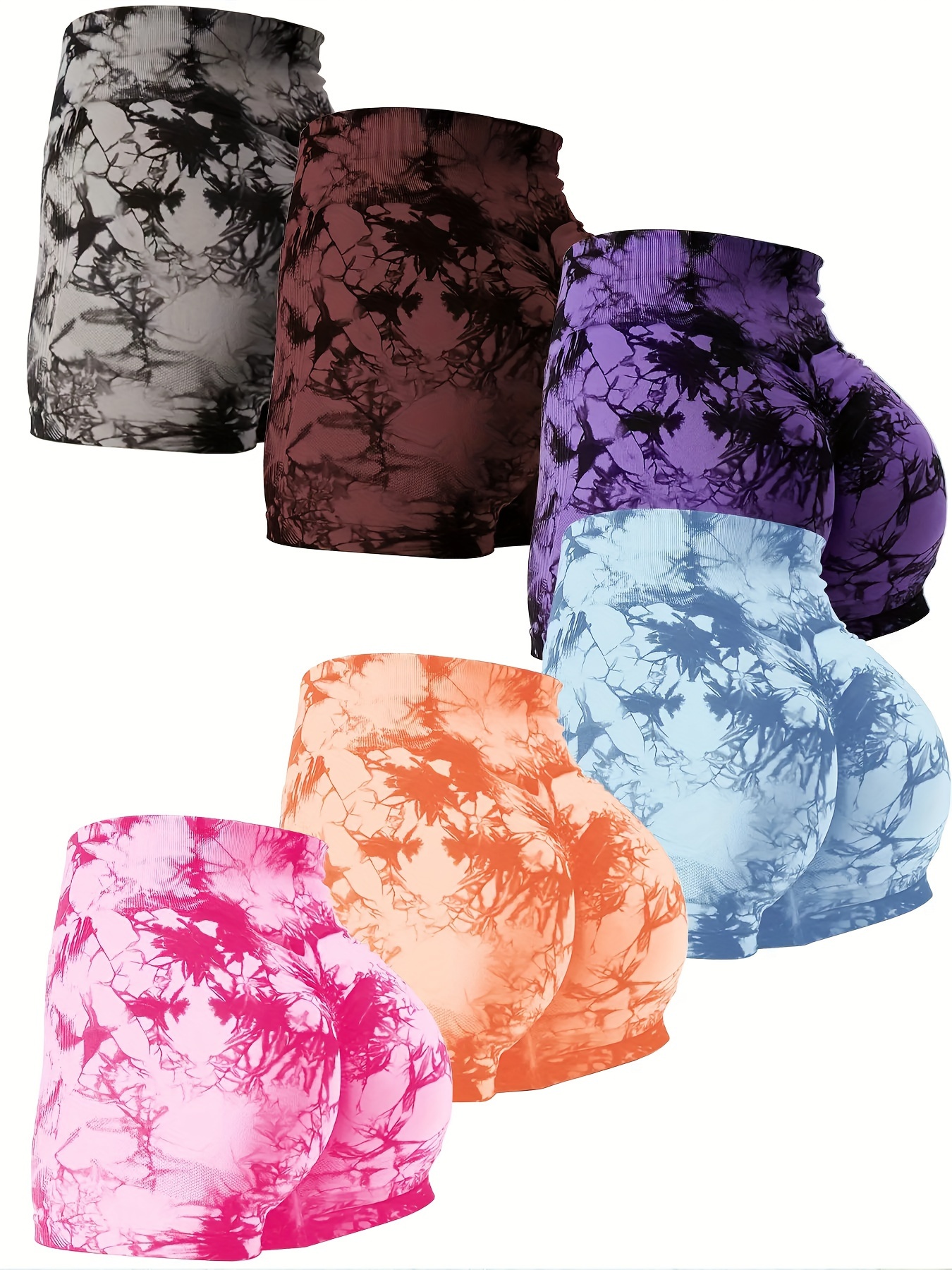 6pcs Vibrant Tie-Dye Women's High-Waist Yoga Shorts - Scrunch Butt Lifting, Seamless Booty Biker Shorts for Gym & Workout, Stretchy Nylon Activewear in Assorted Colors, Workout Accessories
