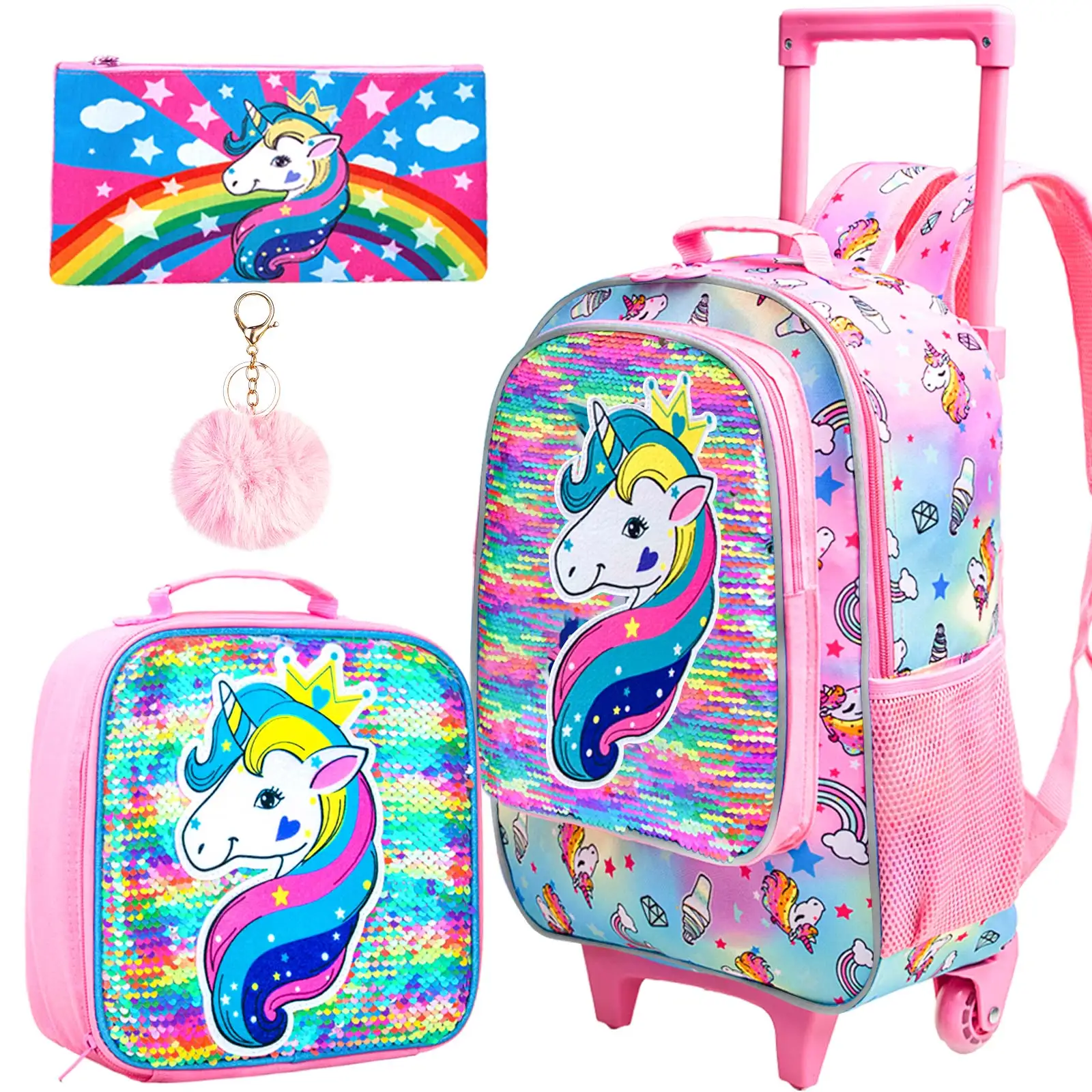 3PCS Rolling Backpack for Girls, Roller Wheels Kids Bookbag - Wheeled Suitcase Elementary Sequin School Bag - Unicorn