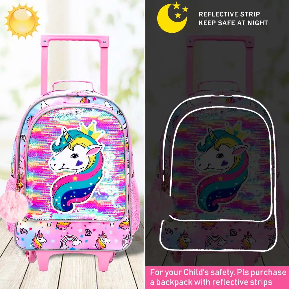 3PCS Rolling Backpack for Girls, Roller Wheels Kids Bookbag - Wheeled Suitcase Elementary Sequin School Bag - Unicorn - Image 5
