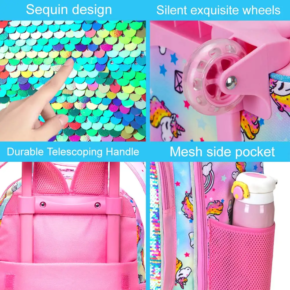 3PCS Rolling Backpack for Girls, Roller Wheels Kids Bookbag - Wheeled Suitcase Elementary Sequin School Bag - Unicorn - Image 3