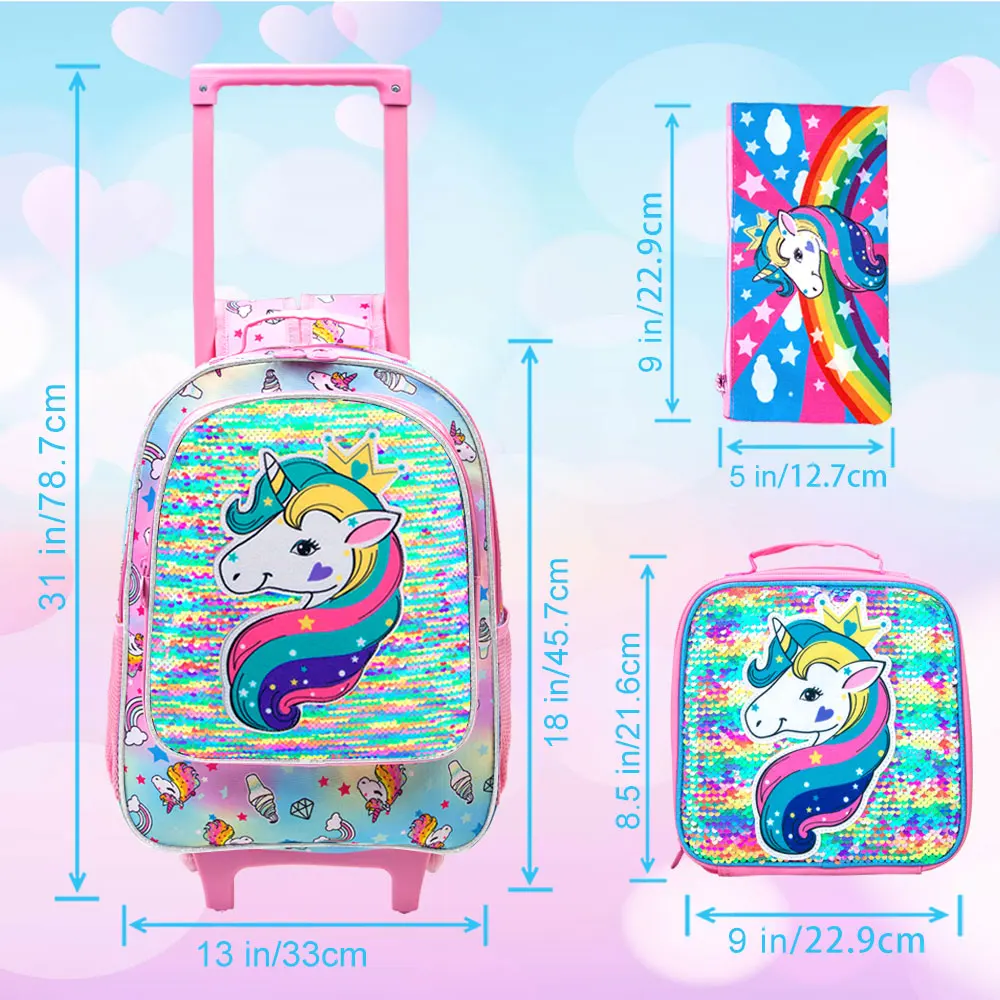 3PCS Rolling Backpack for Girls, Roller Wheels Kids Bookbag - Wheeled Suitcase Elementary Sequin School Bag - Unicorn - Image 2