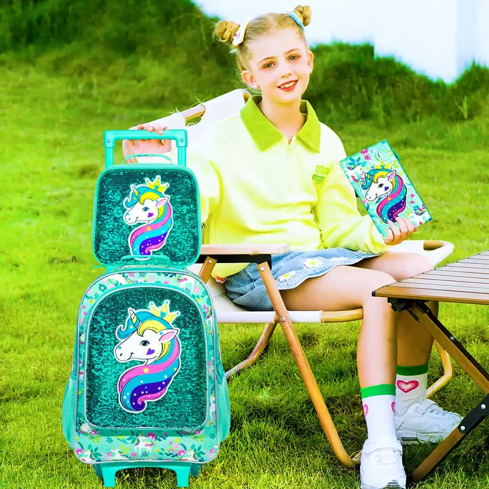 3PCS Rolling Backpack for Girls, Roller Wheels Kids Bookbag - Wheeled Suitcase Elementary Sequin School Bag - Unicorn - Image 13