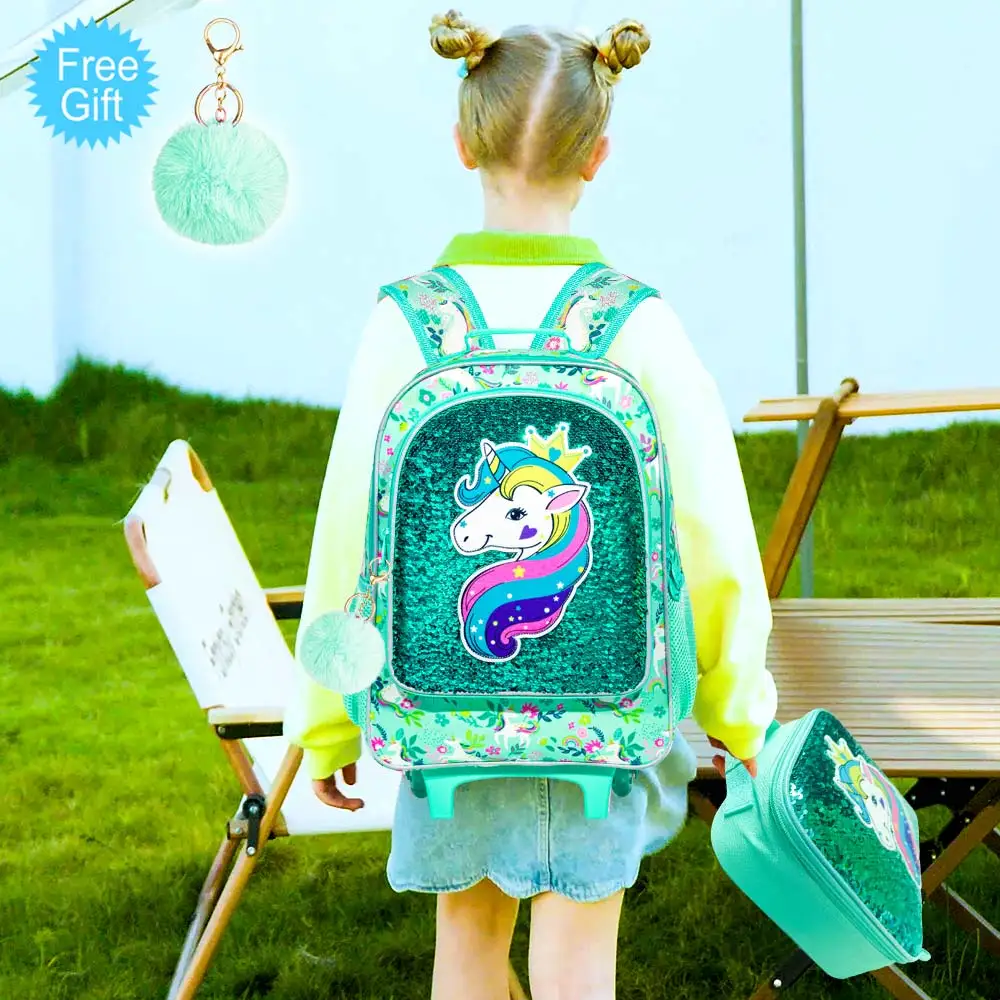 3PCS Rolling Backpack for Girls, Roller Wheels Kids Bookbag - Wheeled Suitcase Elementary Sequin School Bag - Unicorn - Image 14