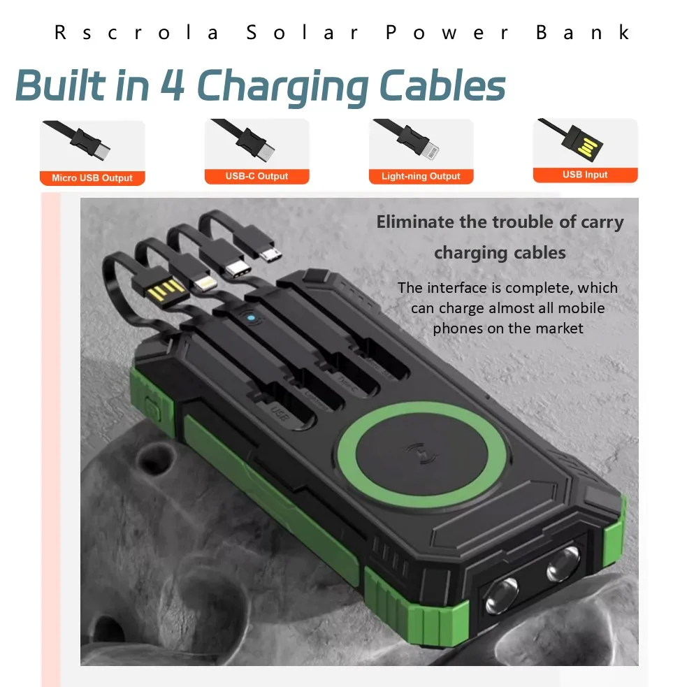 Long-lasting Solar Power Bank, Portable Solar External Battery Pack Built-in Cables, Portable Wireless Charger with Solar Panel - Image 2