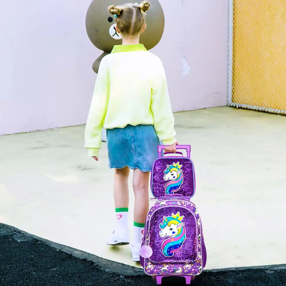 3PCS Rolling Backpack for Girls, Roller Wheels Kids Bookbag - Wheeled Suitcase Elementary Sequin School Bag - Unicorn - Image 12