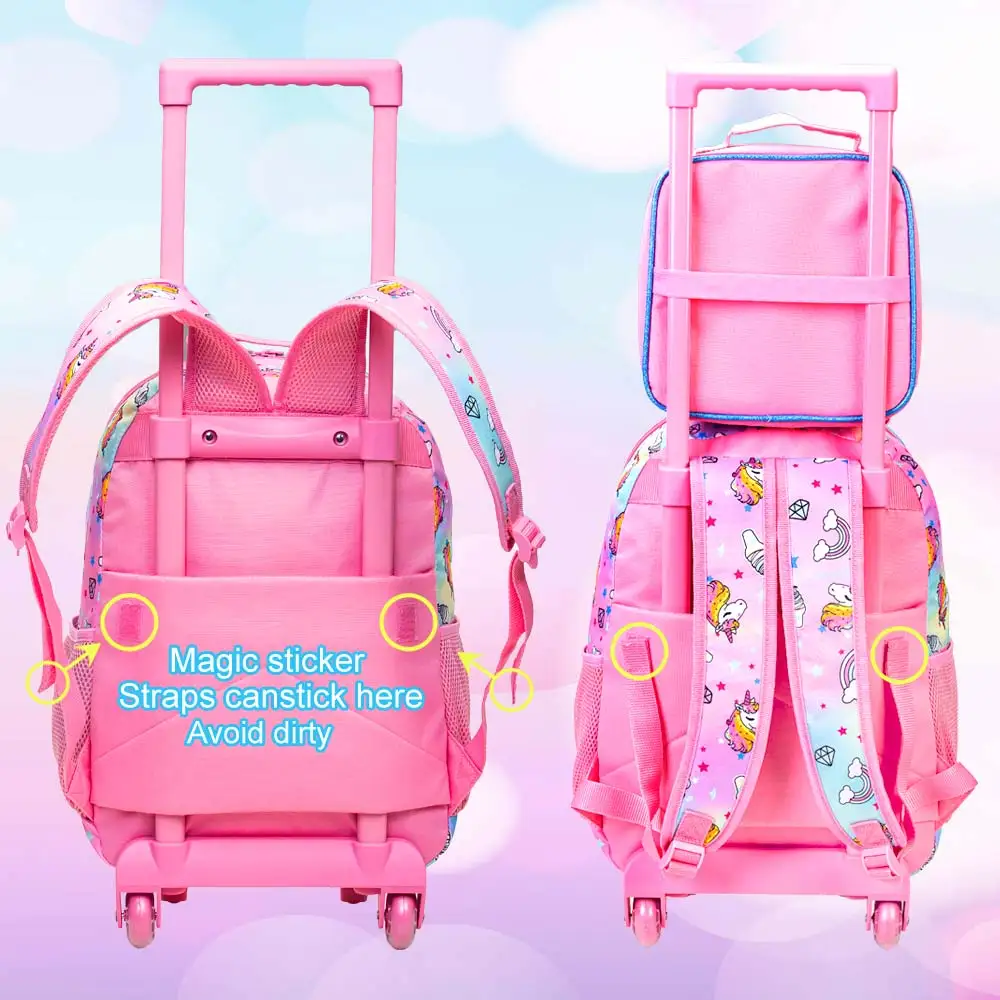3PCS Rolling Backpack for Girls, Roller Wheels Kids Bookbag - Wheeled Suitcase Elementary Sequin School Bag - Unicorn - Image 4