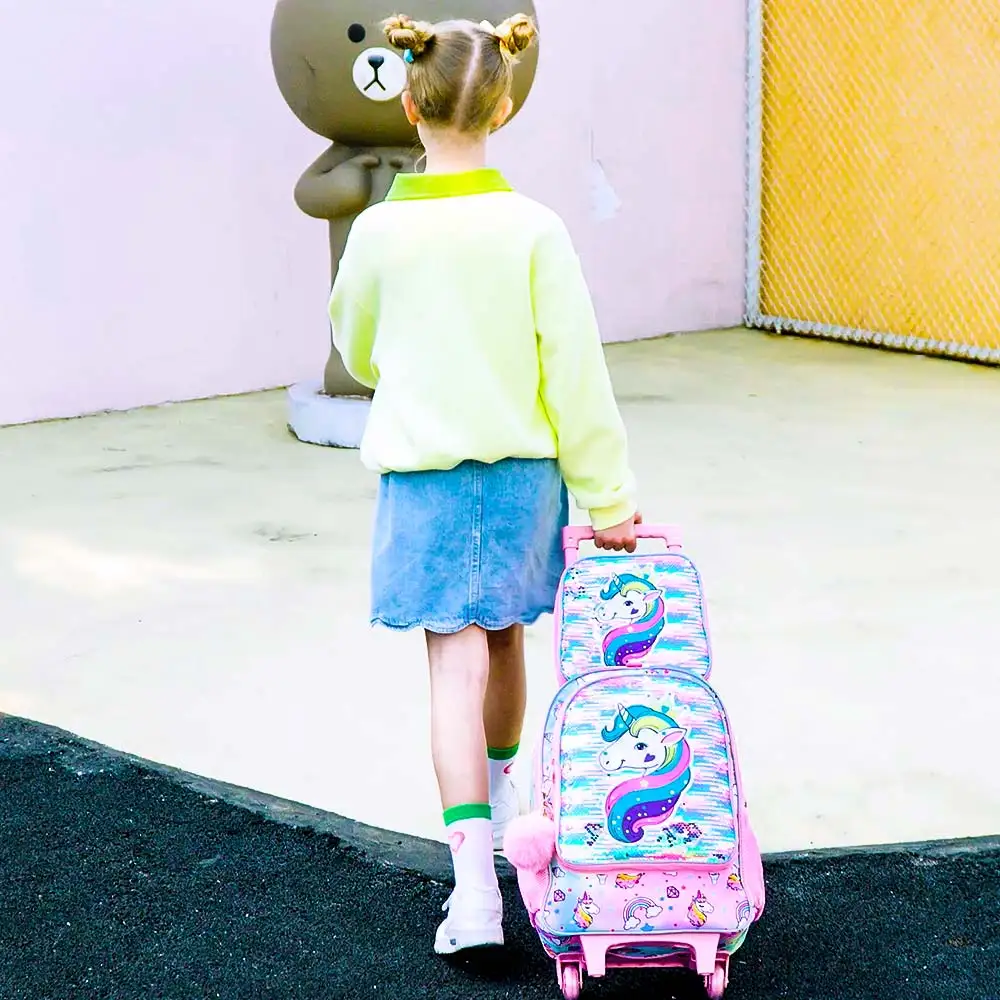 3PCS Rolling Backpack for Girls, Roller Wheels Kids Bookbag - Wheeled Suitcase Elementary Sequin School Bag - Unicorn - Image 10