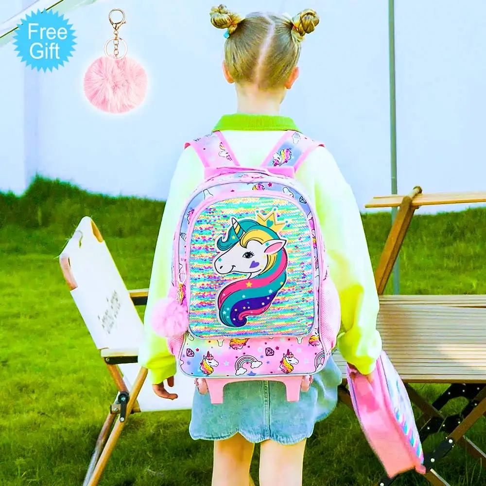 3PCS Rolling Backpack for Girls, Roller Wheels Kids Bookbag - Wheeled Suitcase Elementary Sequin School Bag - Unicorn - Image 9