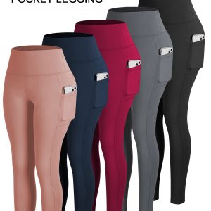 5pcs Women's High-Waist Stretchy Yoga & Cycling Leggings with Pockets - Multi-Color (Pink, Black, Navy Blue, Red, Gray), Full-Length Workout Tights for Spring/Fall, Machine Washable, Workout Accessories