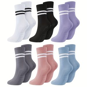 6 Pairs Women’s Anti-Slip Silicone Yoga Socks - Mid-Calf Length, Ribbed Texture with Double Stripe Design for Pilates, Dance, and Floor Fitness, Breathable Polyester Blend in Assorted Colors (White, Black, Purple, Gray, Pink, Blue), Floor Exercise Gear |