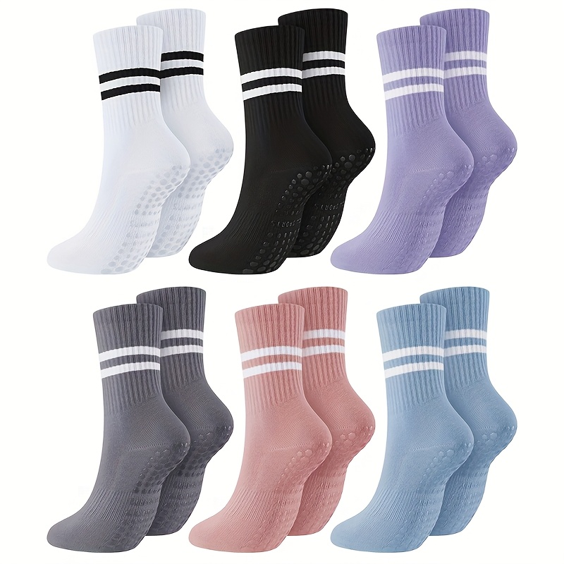 6 Pairs Women’s Anti-Slip Silicone Yoga Socks - Mid-Calf Length, Ribbed Texture with Double Stripe Design for Pilates, Dance, and Floor Fitness, Breathable Polyester Blend in Assorted Colors (White, Black, Purple, Gray, Pink, Blue), Floor Exercise Gear |