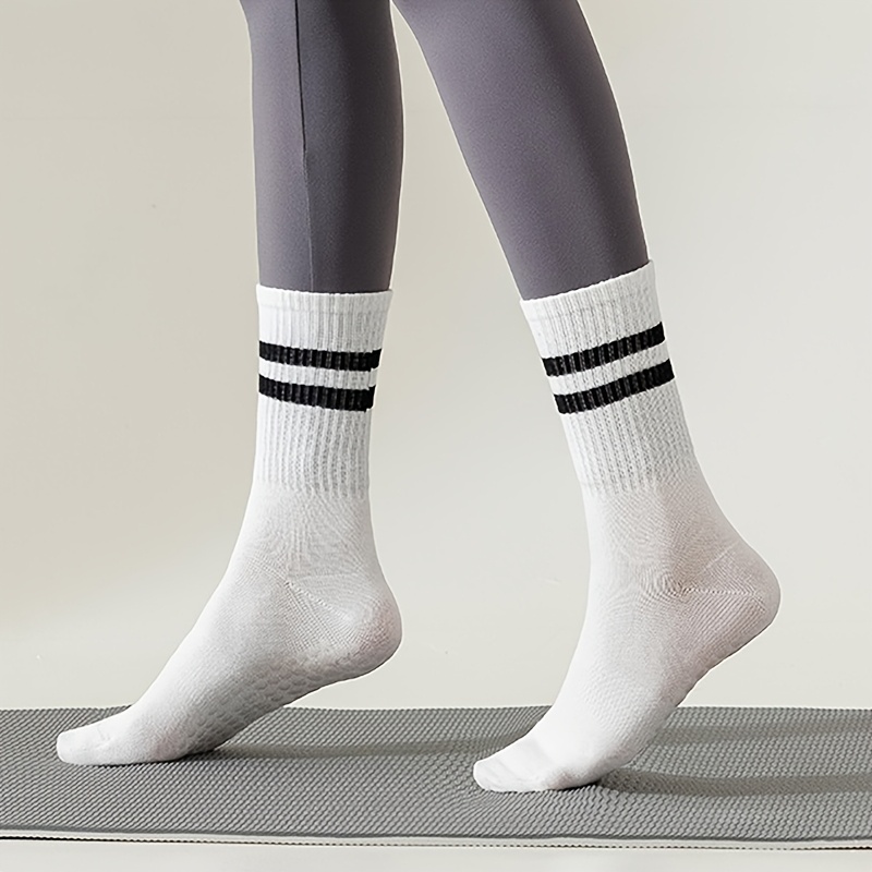6 Pairs Women’s Anti-Slip Silicone Yoga Socks - Mid-Calf Length, Ribbed Texture with Double Stripe Design for Pilates, Dance, and Floor Fitness, Breathable Polyester Blend in Assorted Colors (White, Black, Purple, Gray, Pink, Blue), Floor Exercise Gear | - Image 8