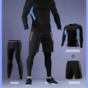 3pcs Men'S Athletic Workout Set - Breathable Mesh Long Sleeve & Leggings with Contrast Color Block, High-Stretch Gym & Running Outfit for Basketball, Training, Hiking - All-season Fitness Apparel, Workout Clothes, Basketball Gear