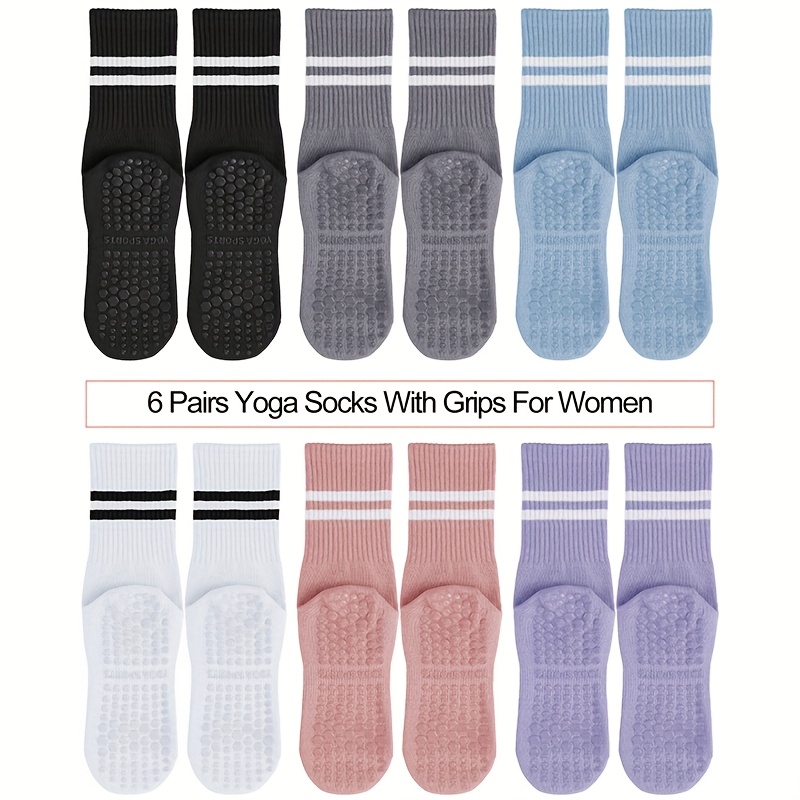 6 Pairs Women’s Anti-Slip Silicone Yoga Socks - Mid-Calf Length, Ribbed Texture with Double Stripe Design for Pilates, Dance, and Floor Fitness, Breathable Polyester Blend in Assorted Colors (White, Black, Purple, Gray, Pink, Blue), Floor Exercise Gear | - Image 6