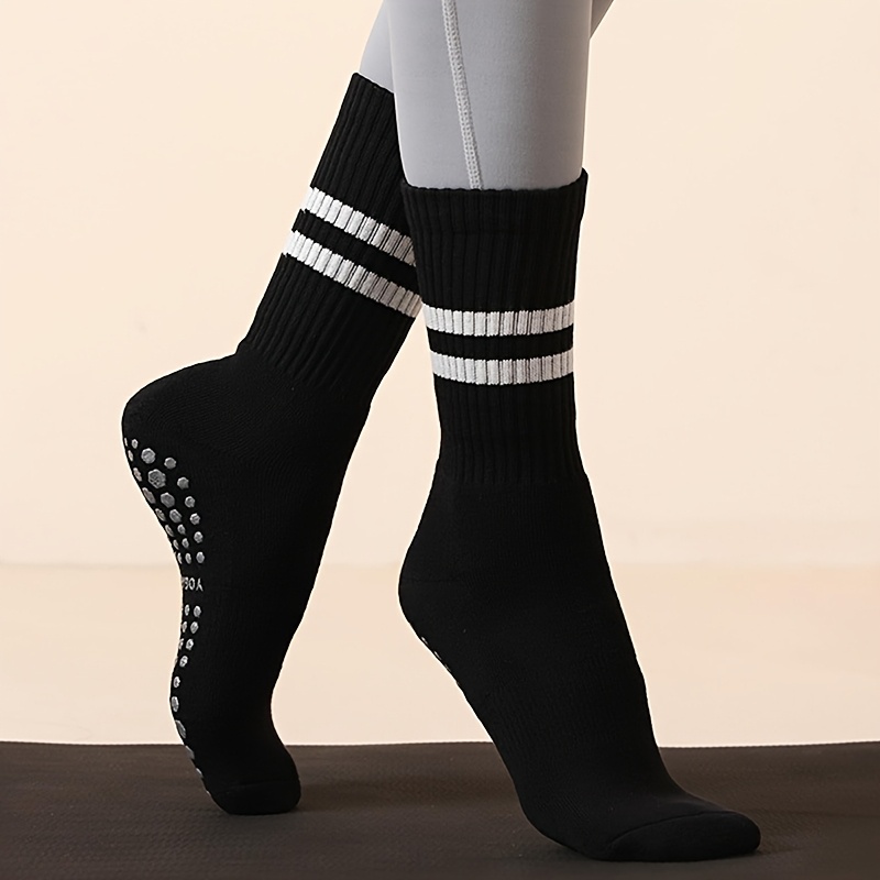 6 Pairs Women’s Anti-Slip Silicone Yoga Socks - Mid-Calf Length, Ribbed Texture with Double Stripe Design for Pilates, Dance, and Floor Fitness, Breathable Polyester Blend in Assorted Colors (White, Black, Purple, Gray, Pink, Blue), Floor Exercise Gear | - Image 9