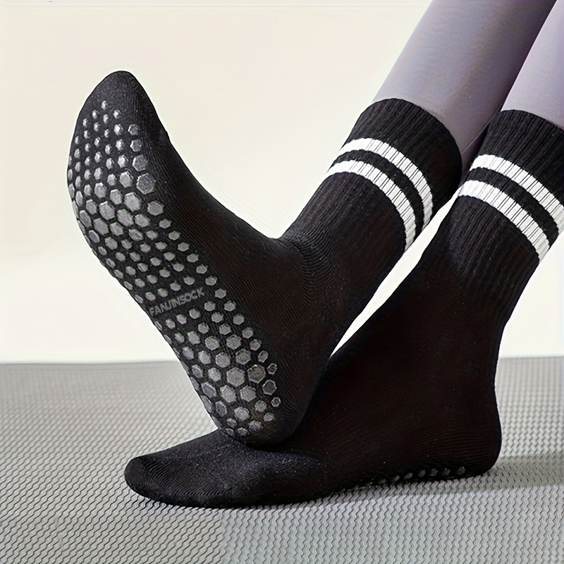 6 Pairs Women’s Anti-Slip Silicone Yoga Socks - Mid-Calf Length, Ribbed Texture with Double Stripe Design for Pilates, Dance, and Floor Fitness, Breathable Polyester Blend in Assorted Colors (White, Black, Purple, Gray, Pink, Blue), Floor Exercise Gear | - Image 2