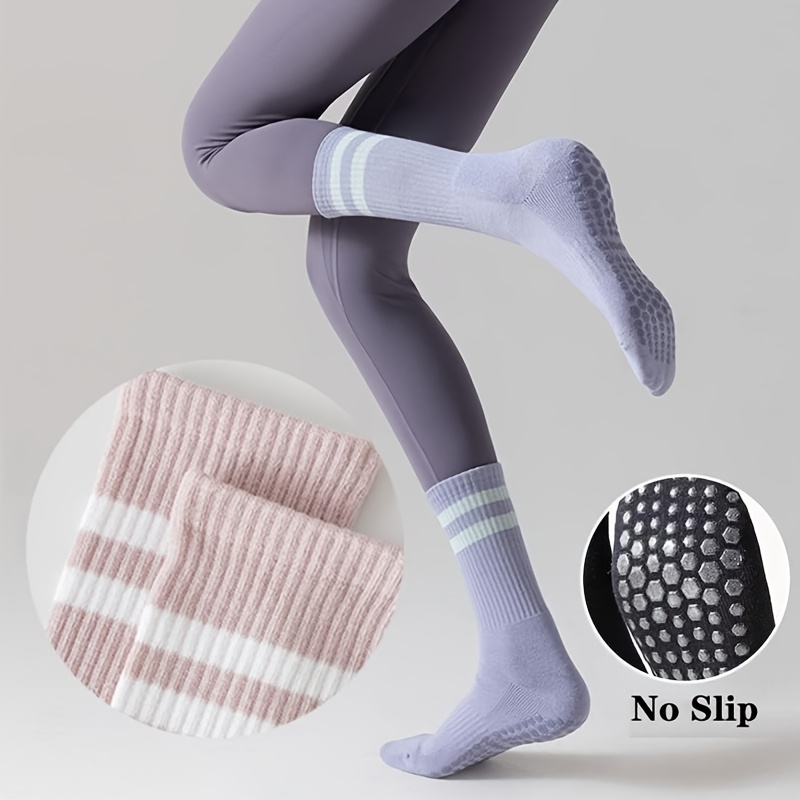 6 Pairs Women’s Anti-Slip Silicone Yoga Socks - Mid-Calf Length, Ribbed Texture with Double Stripe Design for Pilates, Dance, and Floor Fitness, Breathable Polyester Blend in Assorted Colors (White, Black, Purple, Gray, Pink, Blue), Floor Exercise Gear | - Image 4