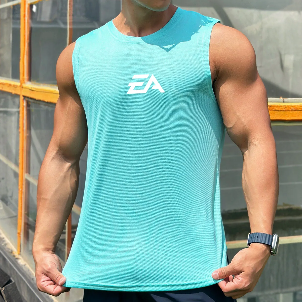 Summer New Trend Men's Pullover Round Neck Mesh Bottom Shirt Sports Fitness Swimming Running Shirt Sleeveless Vest Quick Dry - Image 5