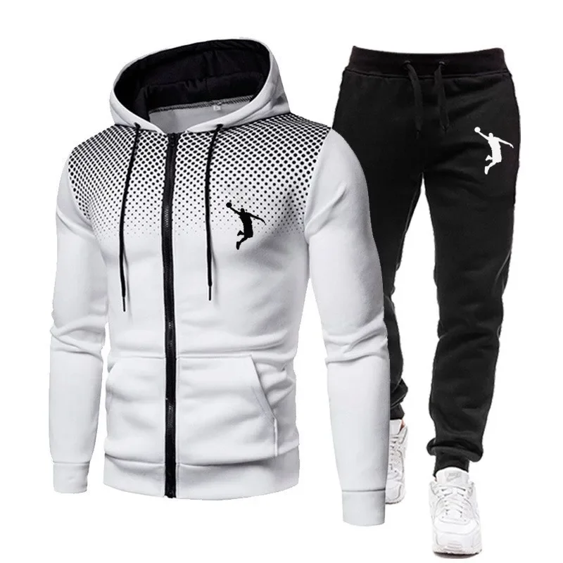 New Winter Men's Set Printed Hoodie Set Wool Zipper Sweatshirt Casual Sports Pants Men's Sports Set - Image 3