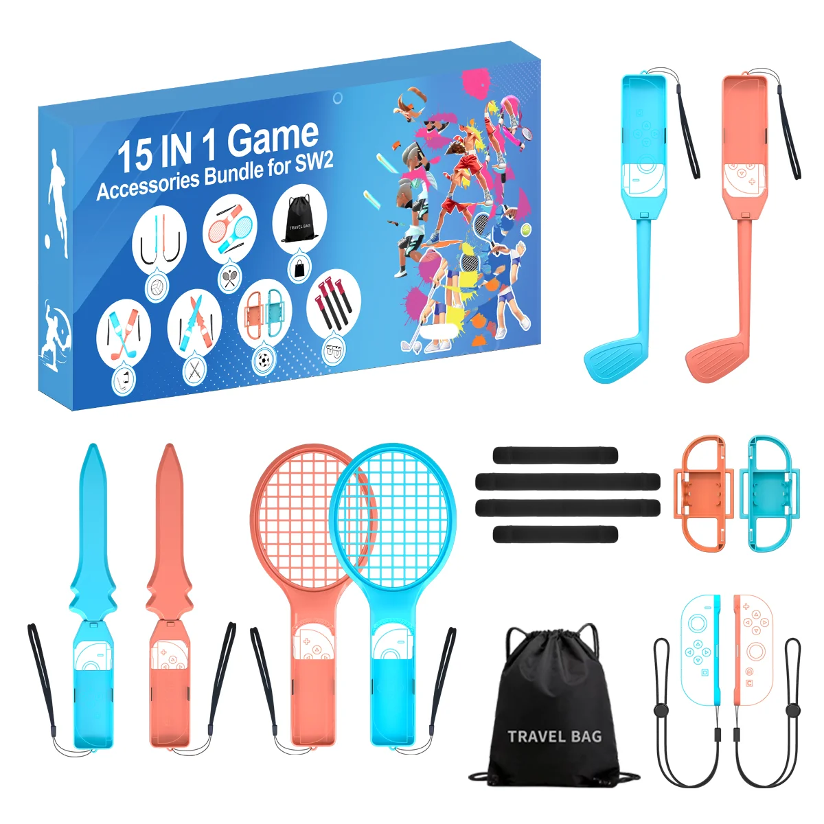 Sports Accessories Set S225 for Switch 2,15 in 1 Family Accessories Kit for Switch 2 Sports Games:Tennis Rackets,Sword Grips,Etc - Image 7