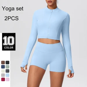 2pcs Women Gym Yoga Set Breathable Workout Top Yoga Zipper Long Sleeves Solid Color Quick Drying Fitness Shorts Sports Yoga Suit