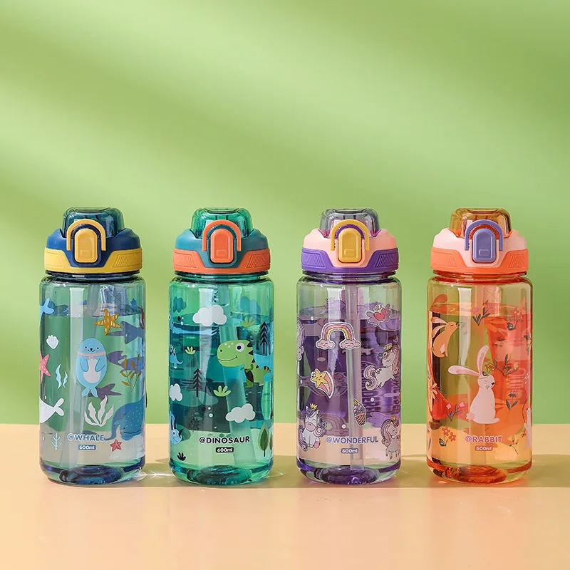 600ml Dinosaur Water Bottle For Kids Water Sippy Cup With Silicone Straw Leakproof Plastic Water Bottles Summer Kids Water Cup - Image 3