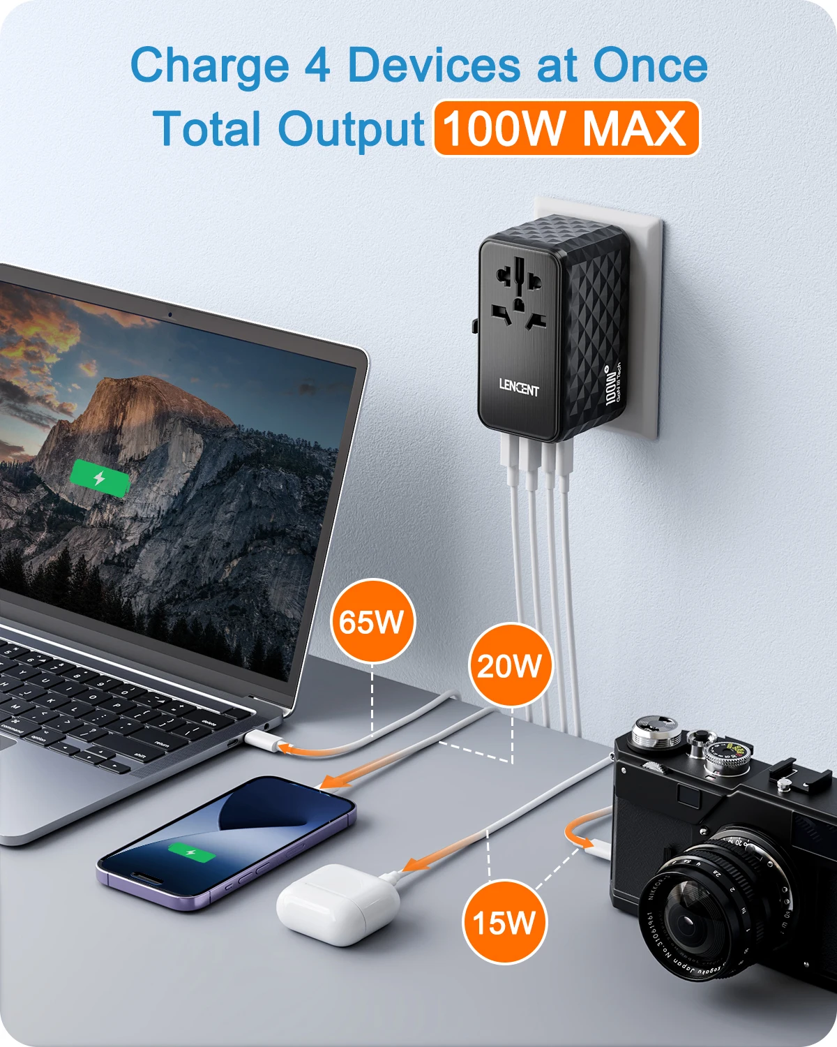LENCENT 100W GaN Universal Travel Adapter with 2 USB-A+2 Type C Support PD3.0, QC4 Fast Charging EU/UK/USA/AUS Plug for Travel - Image 2