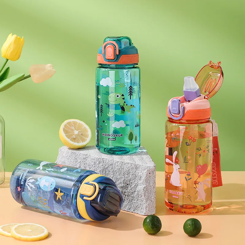 600ml Dinosaur Water Bottle For Kids Water Sippy Cup With Silicone Straw Leakproof Plastic Water Bottles Summer Kids Water Cup - Image 2