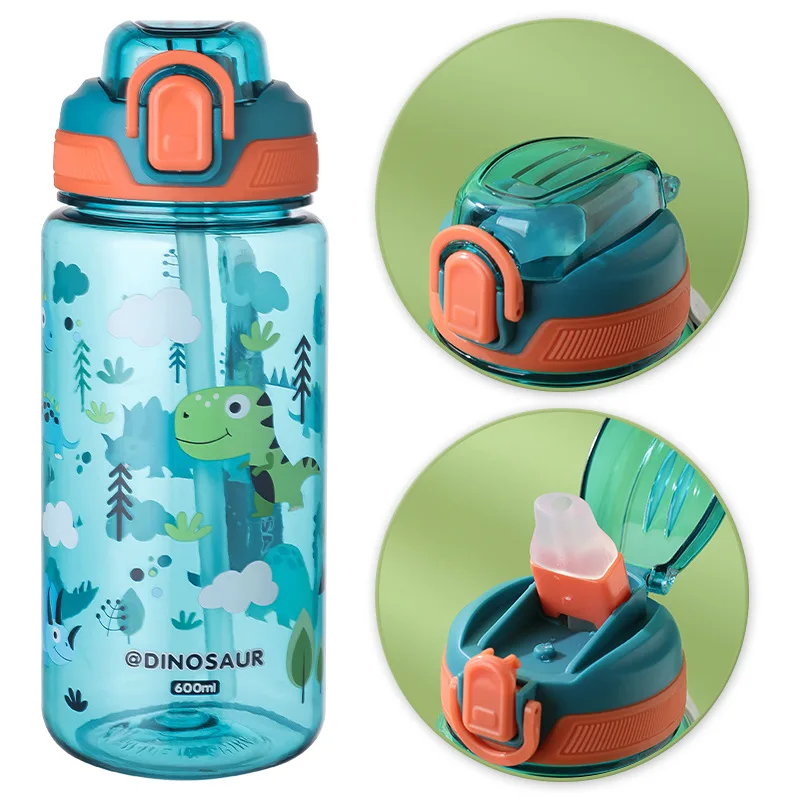 600ml Dinosaur Water Bottle For Kids Water Sippy Cup With Silicone Straw Leakproof Plastic Water Bottles Summer Kids Water Cup - Image 5
