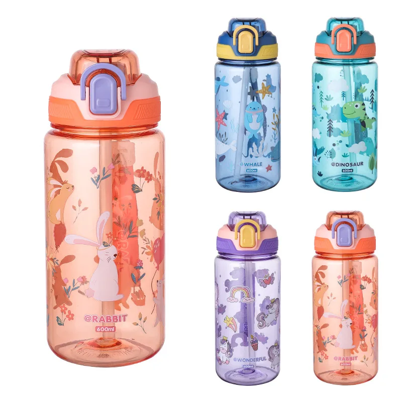 600ml Dinosaur Water Bottle For Kids Water Sippy Cup With Silicone Straw Leakproof Plastic Water Bottles Summer Kids Water Cup - Image 4