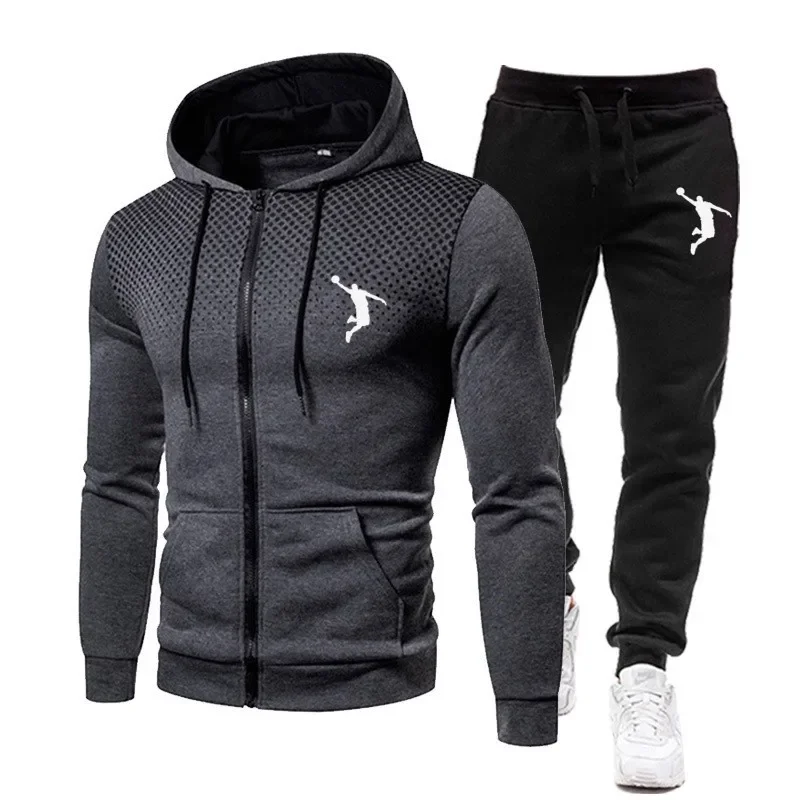 New Winter Men's Set Printed Hoodie Set Wool Zipper Sweatshirt Casual Sports Pants Men's Sports Set - Image 2