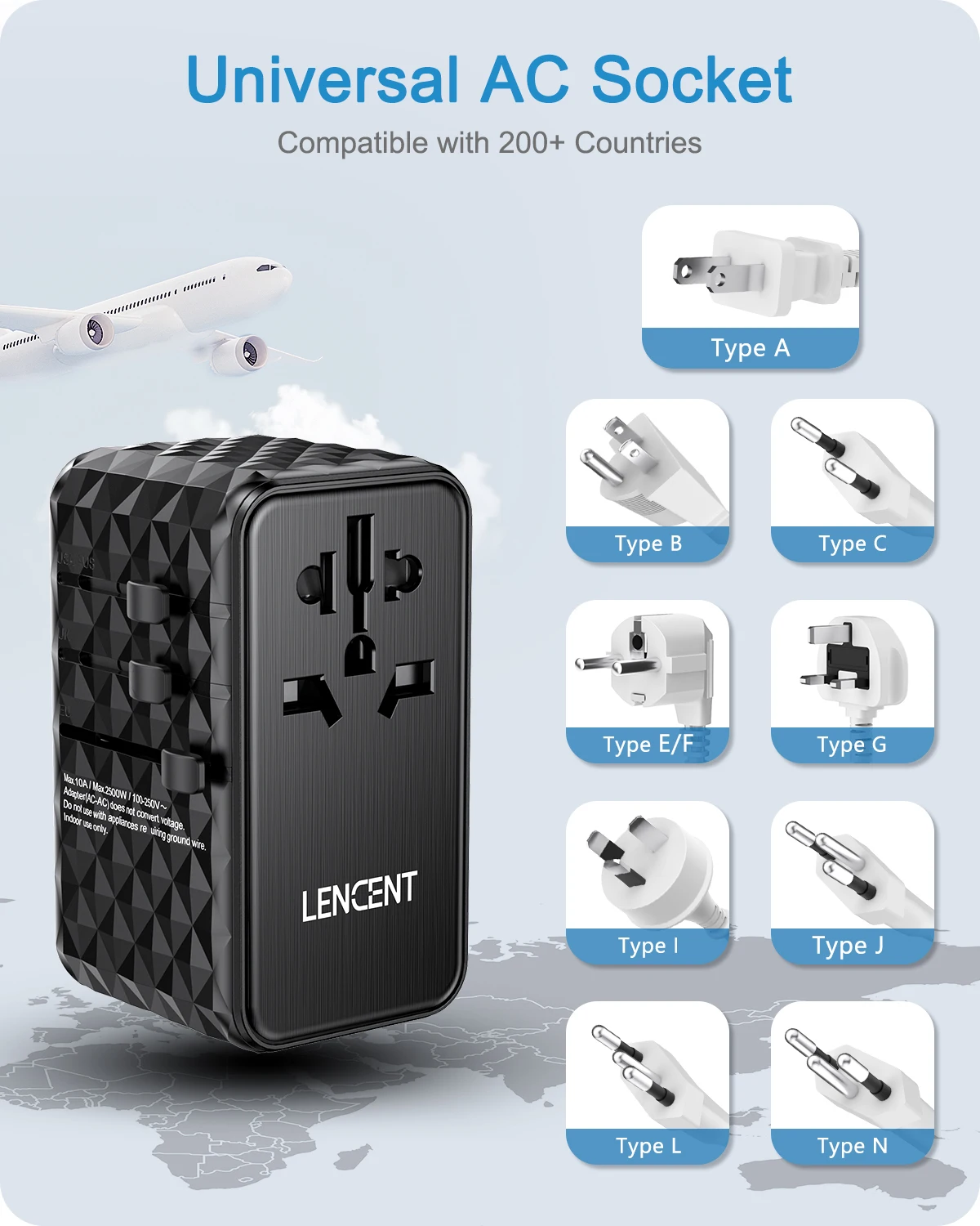 LENCENT 100W GaN Universal Travel Adapter with 2 USB-A+2 Type C Support PD3.0, QC4 Fast Charging EU/UK/USA/AUS Plug for Travel - Image 4