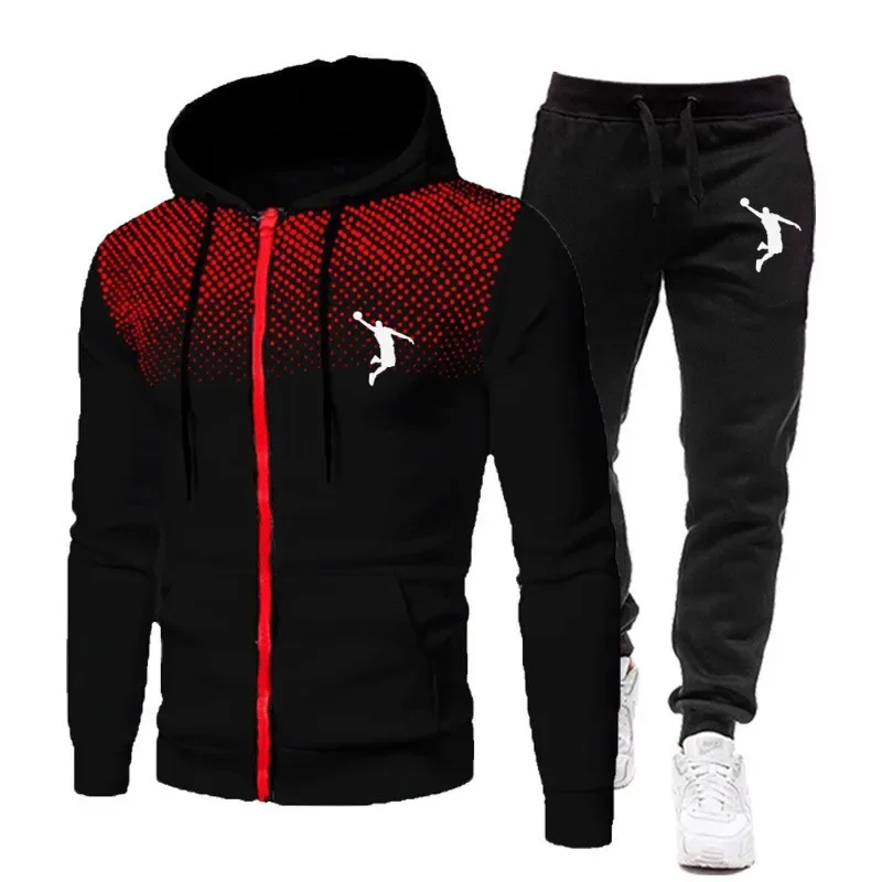 New Winter Men's Set Printed Hoodie Set Wool Zipper Sweatshirt Casual Sports Pants Men's Sports Set