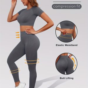 2pcs Women'S Yoga Workout Set - High-Waisted Crop Top & Running Leggings, Stretchy Solid Color Activewear for Gym, Yoga & Casual Wear, Workout Accessories, Fitness Apparel, Modern Athletic Wear, Comfortable Fit