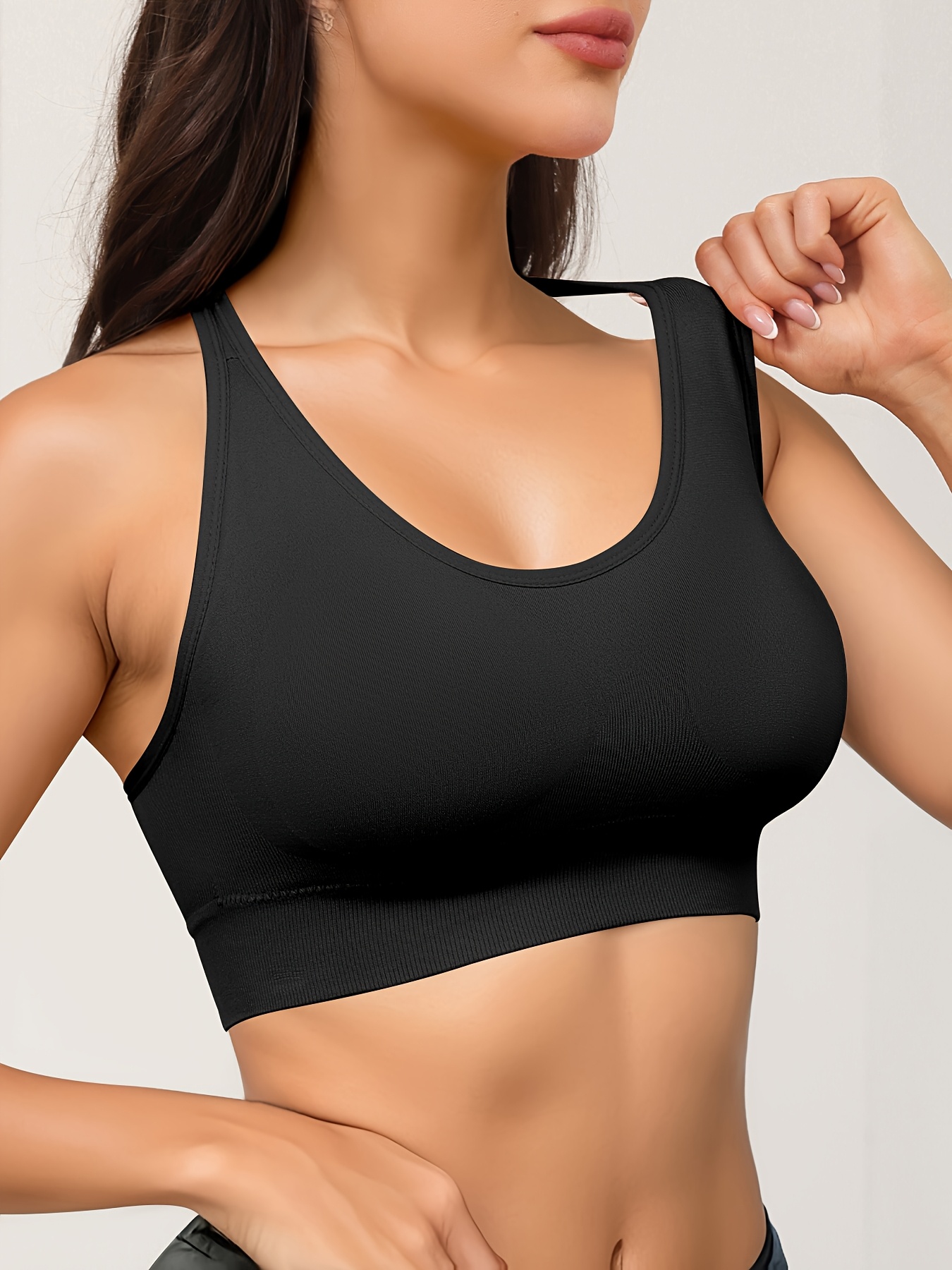 5pcs EssElegance Women's Seamless Sports Bras - Adjustable Straps, Removable Pads, High-Elastic Nylon, Breathable & Shock-Resistant, Low-Cut Neckline for Yoga, Fitness, Workouts - 5 Colors (Black, Grey, Pink, Green, Navy), Yoga Apparel | Seamless Design | - Image 6