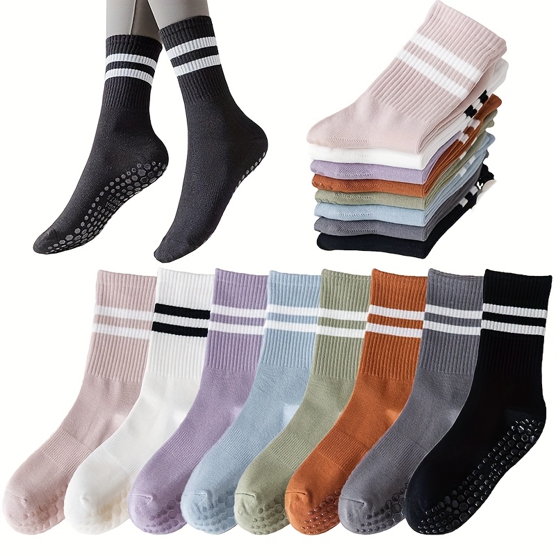6 Pairs Women’s Anti-Slip Silicone Yoga Socks - Mid-Calf Length, Ribbed Texture with Double Stripe Design for Pilates, Dance, and Floor Fitness, Breathable Polyester Blend in Assorted Colors (White, Black, Purple, Gray, Pink, Blue), Floor Exercise Gear | - Image 5