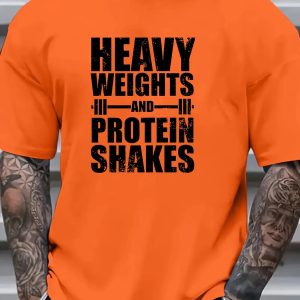 Men's Heavy Weights & Protein Shakes Gym T-Shirt - Plus Size Retro Bodybuilding Tee, Machine Washable Workout Shirt for Weightlifting & Casual Streetwear - Black with White Text Design, Fitness Apparel, Vintage Fitness Style, Highquality Print, Slogan Top